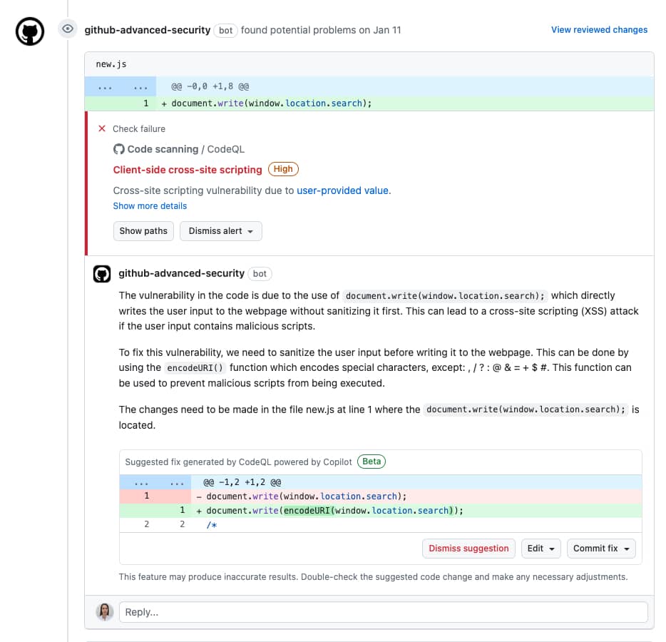 GitHub's Code Scanning Autofix Example